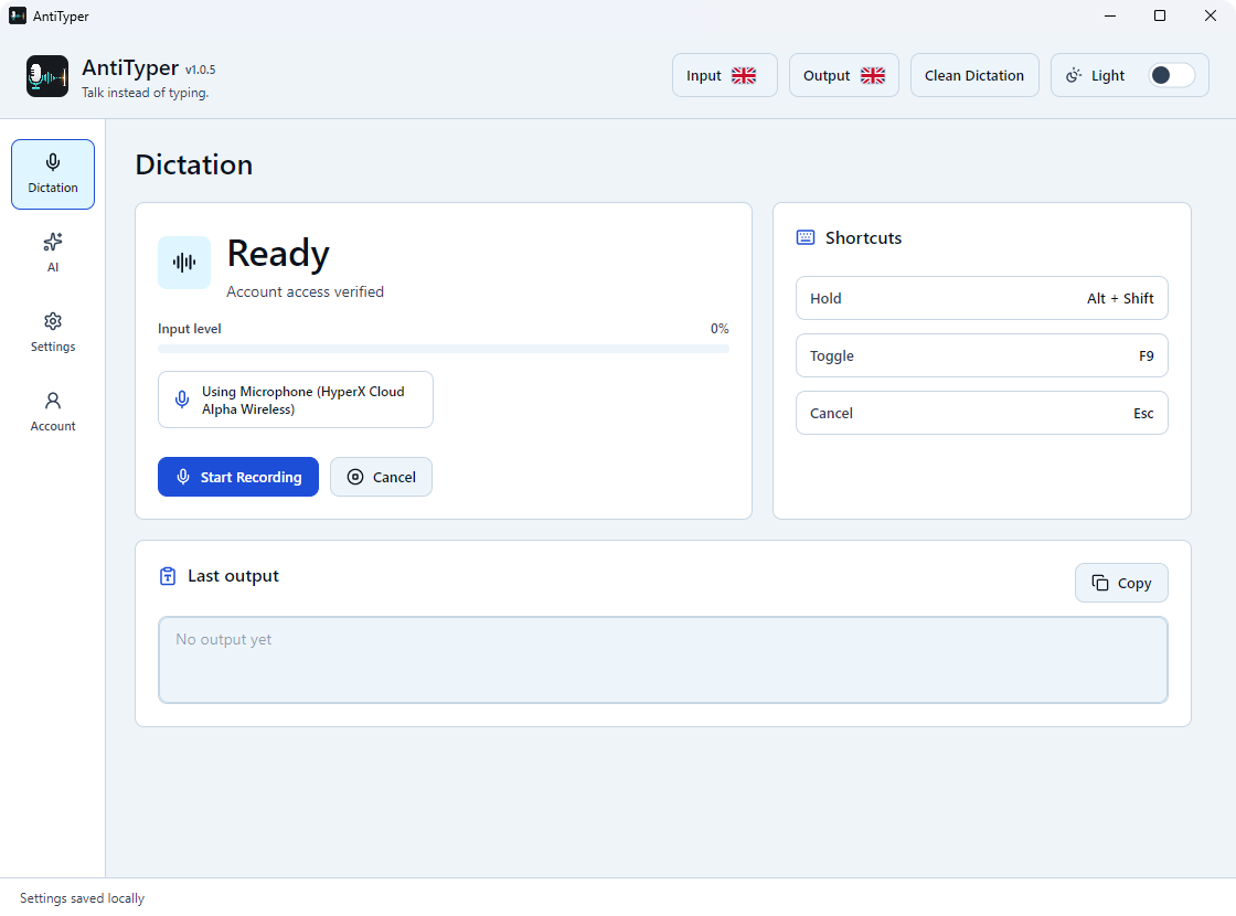 AntiTyper desktop app showing dictation controls, transcription settings, and AI mode.