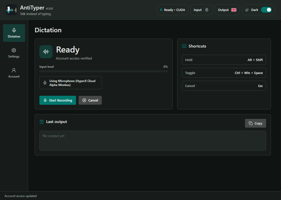 AntiTyper desktop app showing local dictation controls.