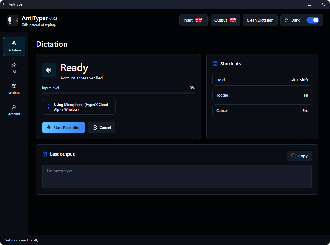 AntiTyper desktop app showing dictation controls, transcription settings, and AI mode.